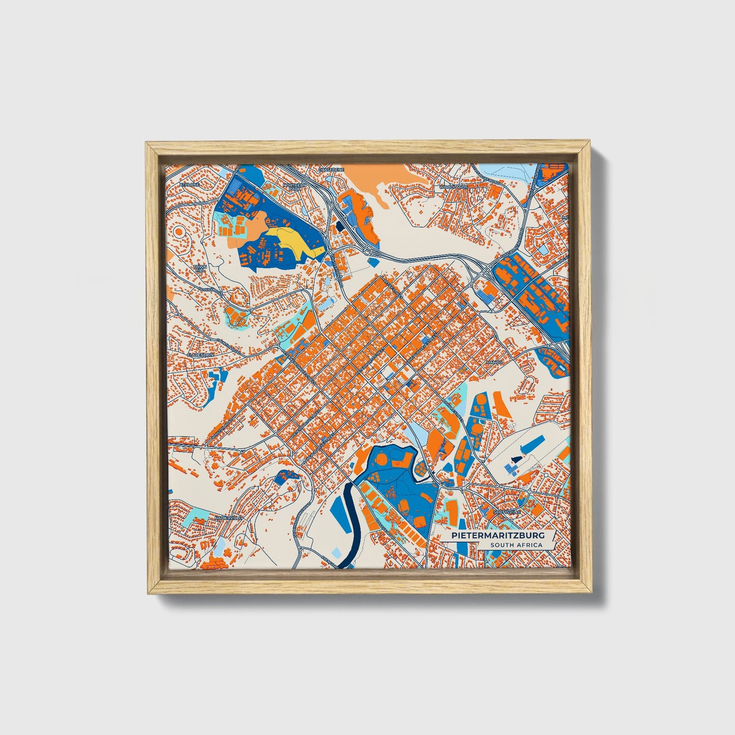 Pietermaritzburg South Africa Colorful City Map Canvas Print • Natural Wooden Framed