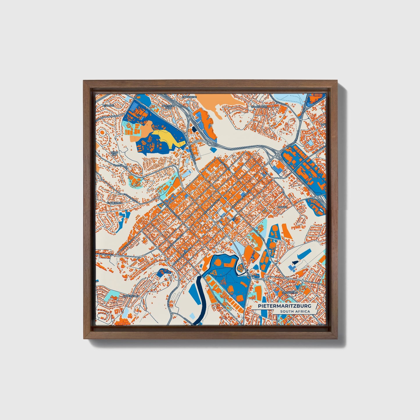 Pietermaritzburg South Africa Colorful City Map Canvas Print • Dark Wooden Framed