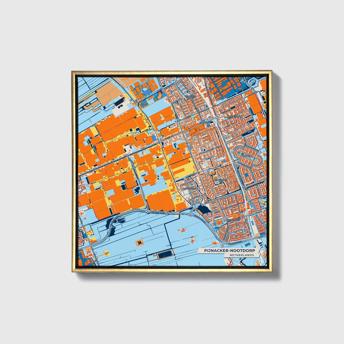 Pijnacker-Nootdorp Netherlands Colorful City Map Canvas Print • Gold Framed