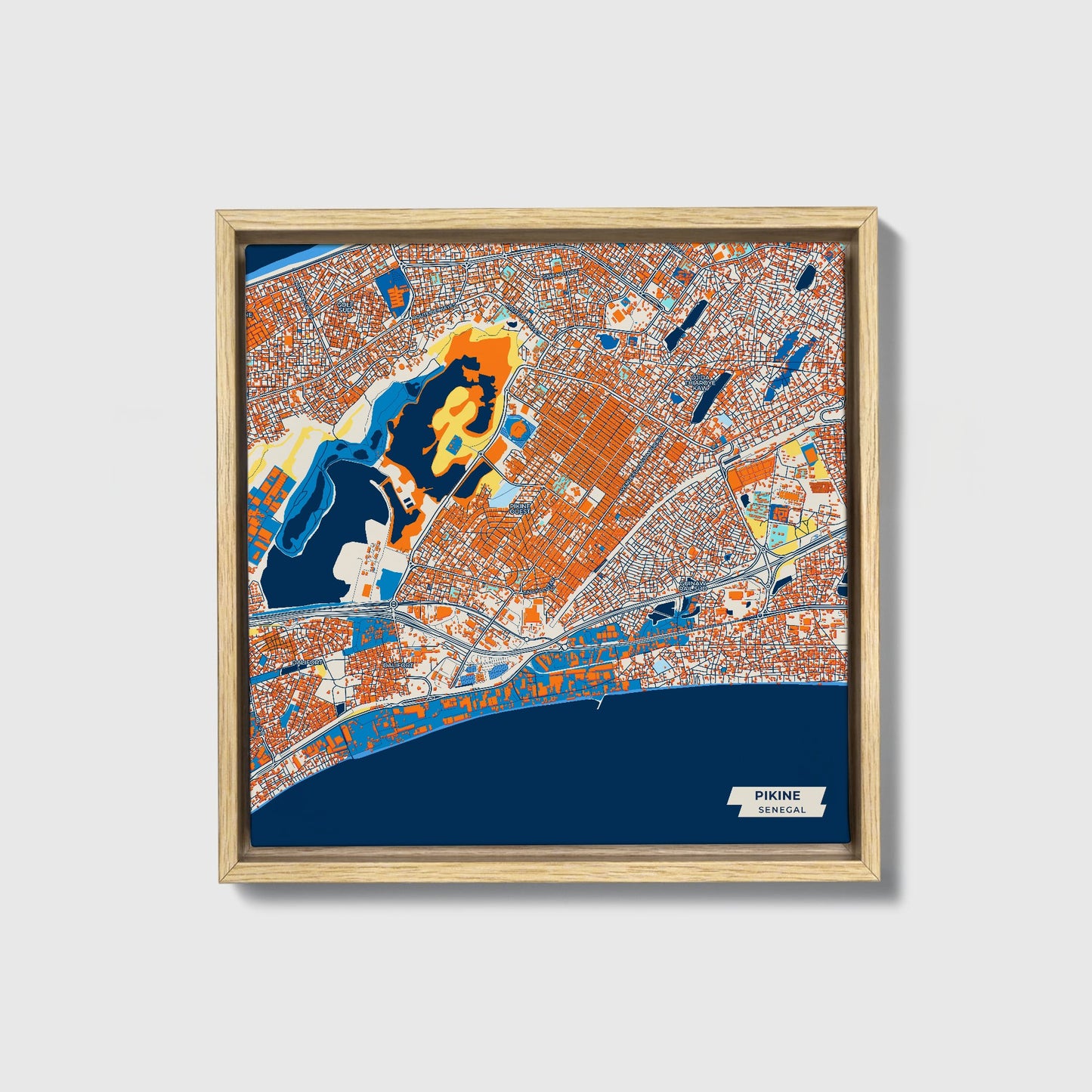Pikine Senegal Colorful City Map Canvas Print • Natural Wooden Framed