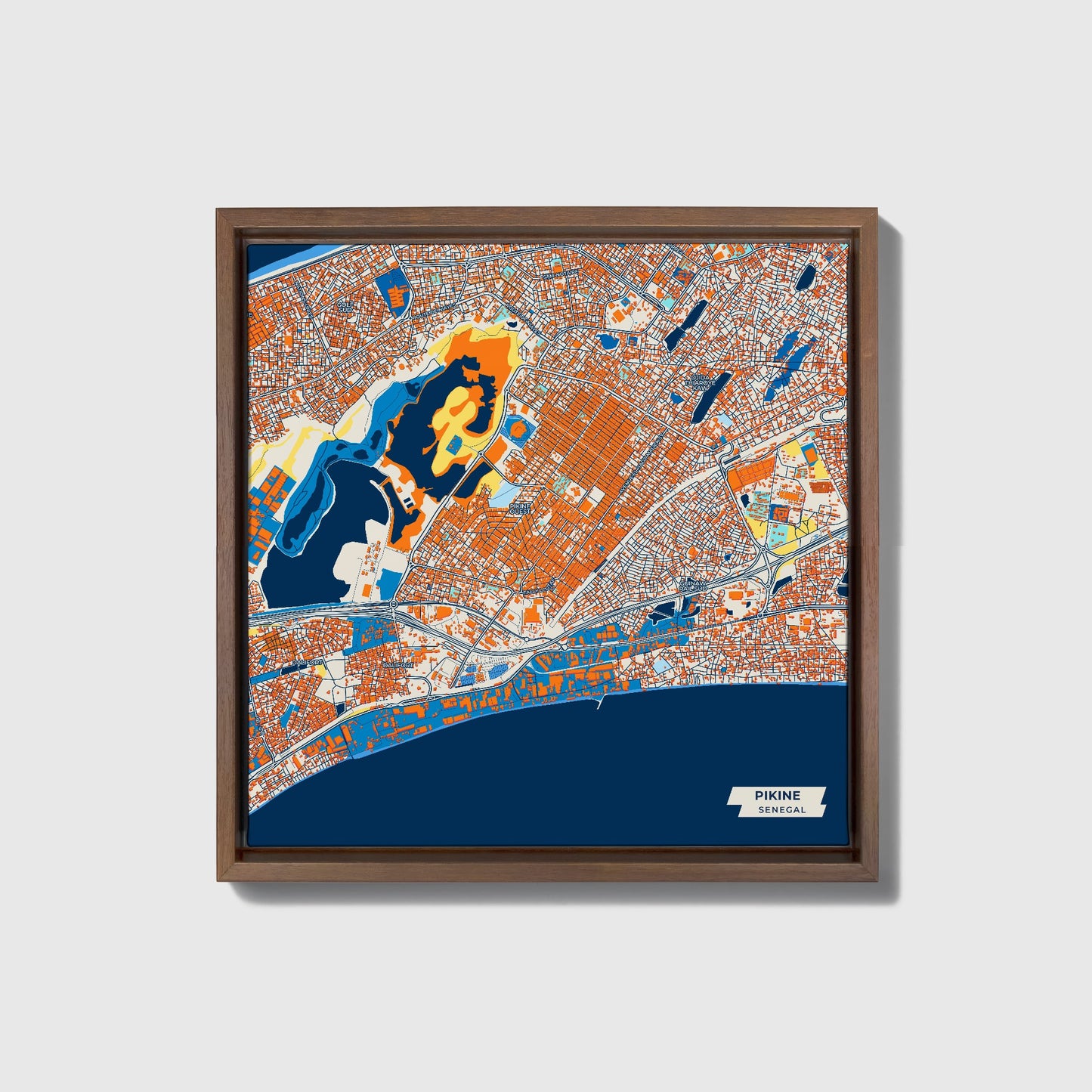 Pikine Senegal Colorful City Map Canvas Print • Dark Wooden Framed