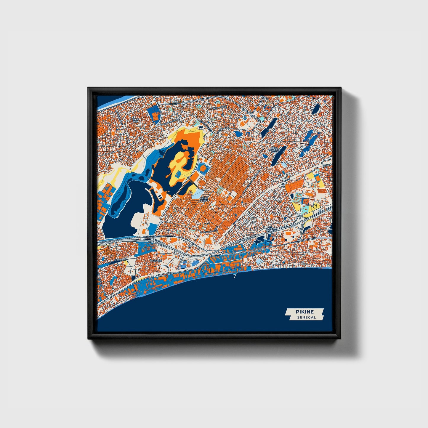 Pikine Senegal Colorful City Map Canvas Print • Black Framed
