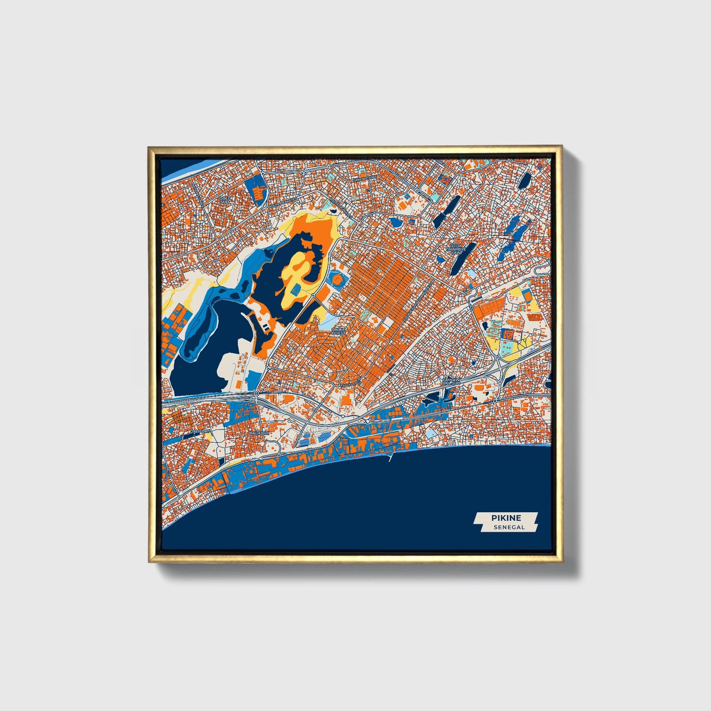 Pikine Senegal Colorful City Map Canvas Print • Gold Framed