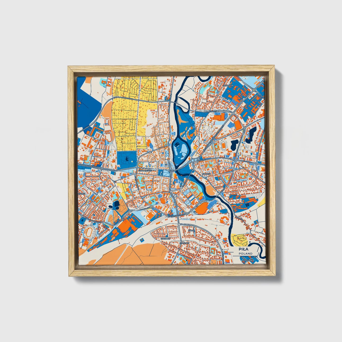 Piła Poland Colorful City Map Canvas Print • Natural Wooden Framed
