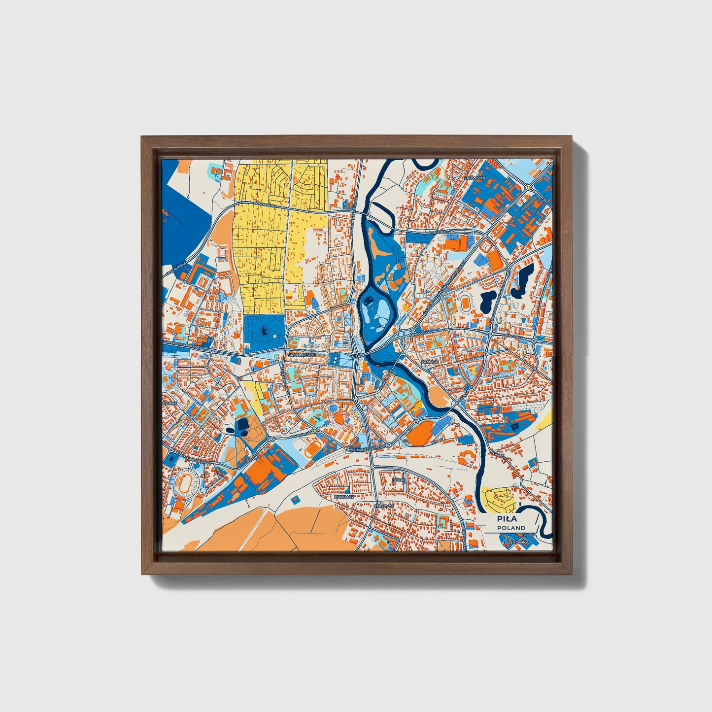 Piła Poland Colorful City Map Canvas Print • Dark Wooden Framed