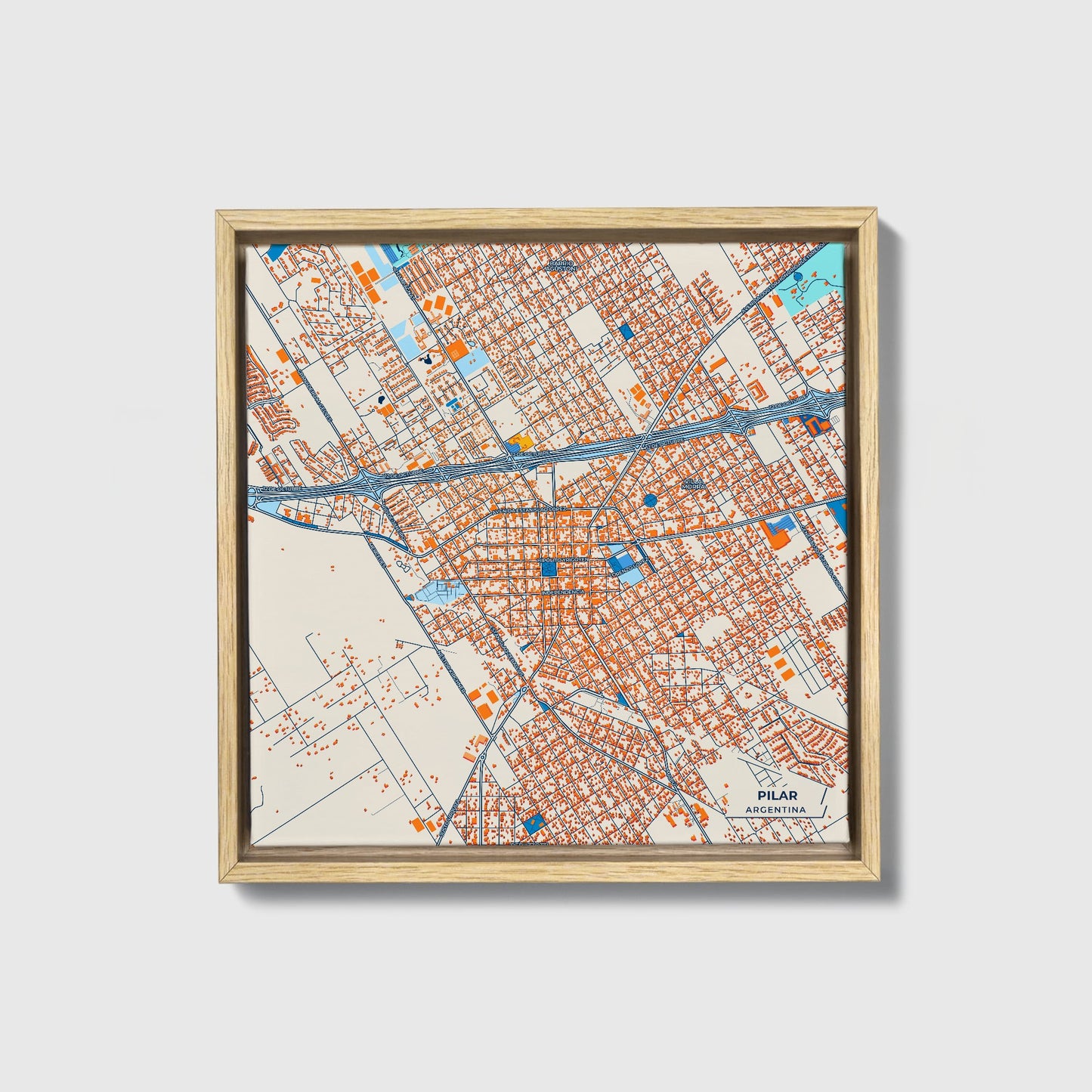 Pilar Argentina Colorful City Map Canvas Print • Natural Wooden Framed
