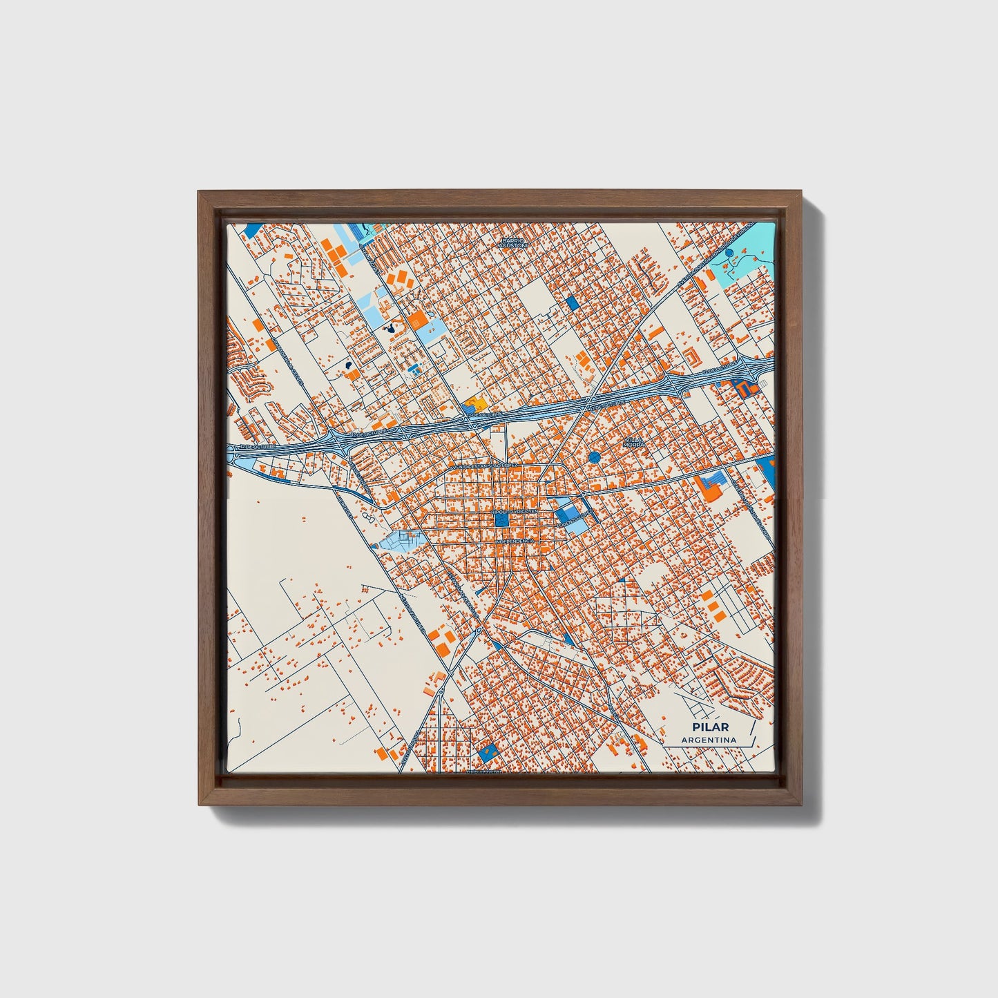 Pilar Argentina Colorful City Map Canvas Print • Dark Wooden Framed