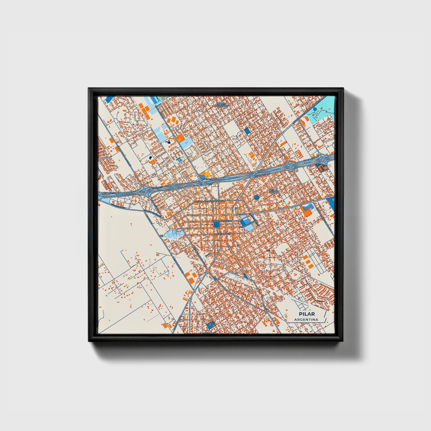 Pilar Argentina Colorful City Map Canvas Print • Black Framed