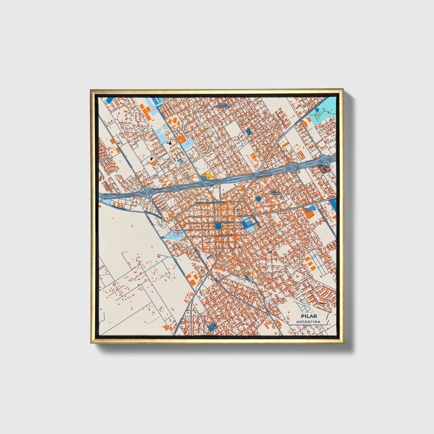 Pilar Argentina Colorful City Map Canvas Print • Gold Framed