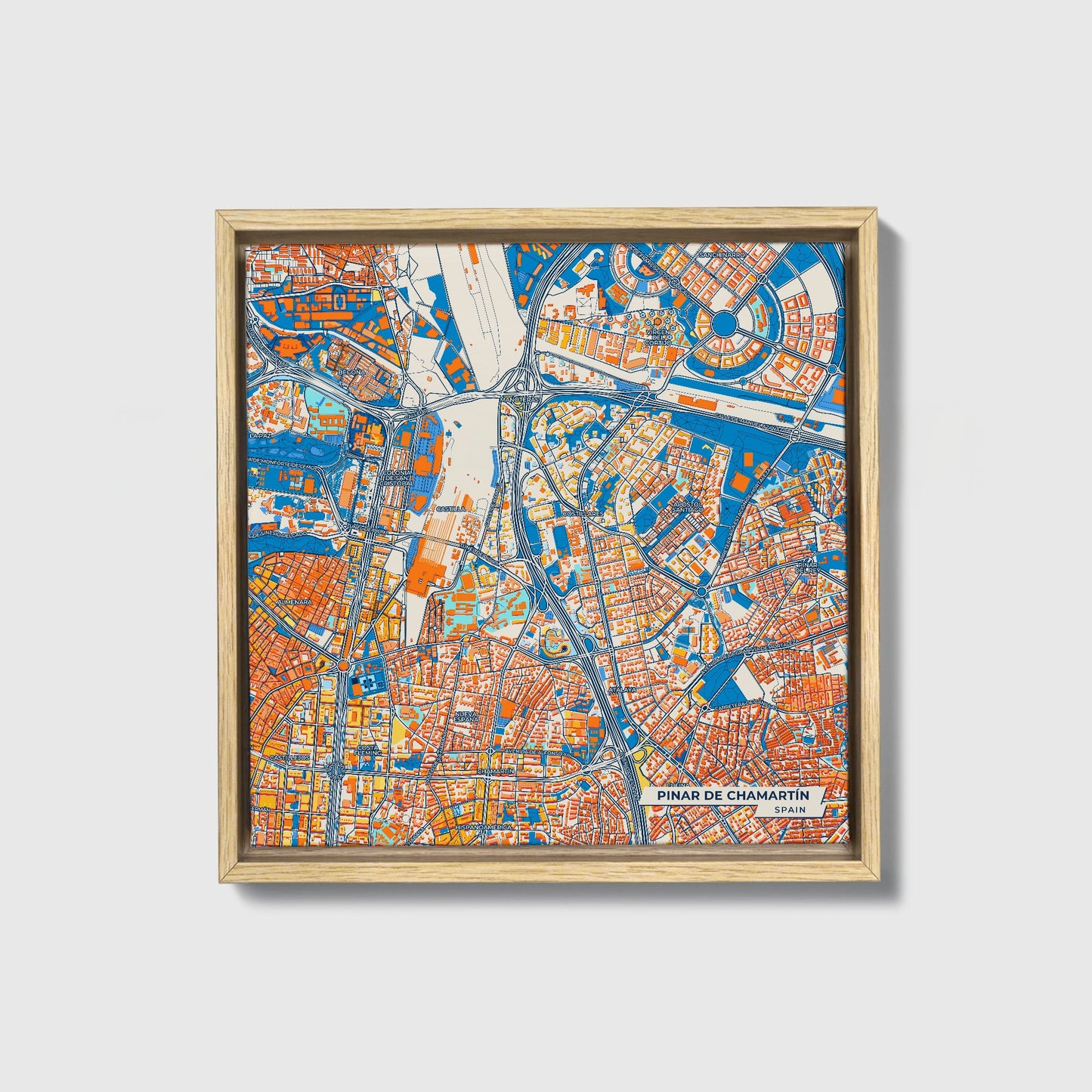 Pinar De Chamartín Spain Colorful City Map Canvas Print • Natural Wooden Framed