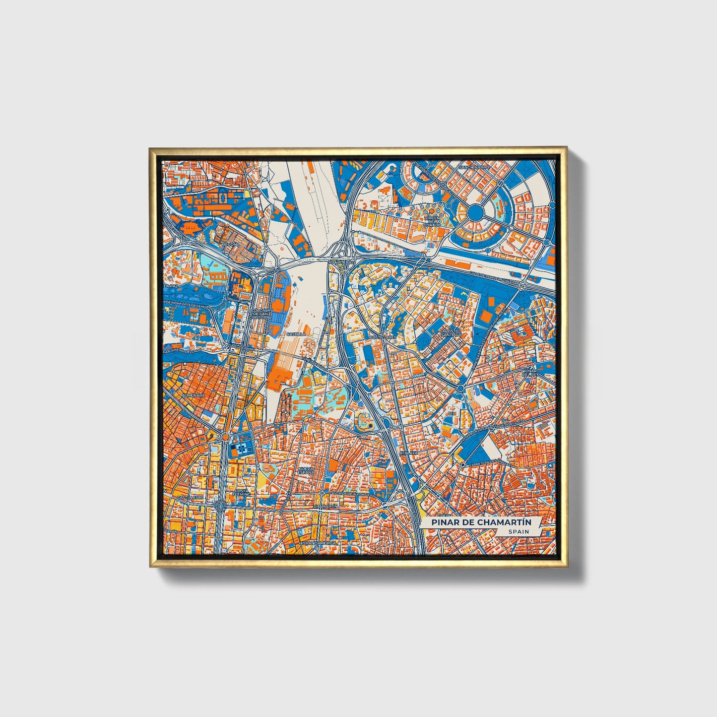Pinar De Chamartín Spain Colorful City Map Canvas Print • Gold Framed