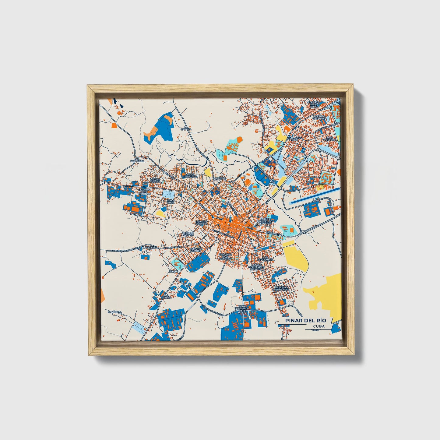 Pinar Del Río Cuba Colorful City Map Canvas Print • Natural Wooden Framed