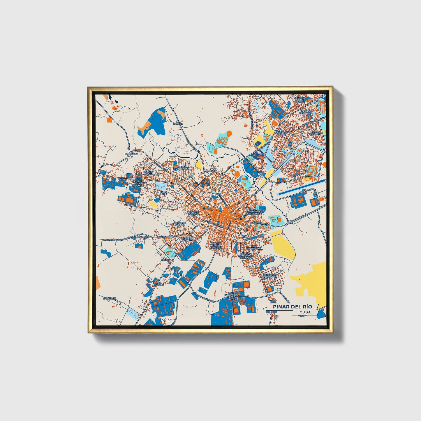 Pinar Del Río Cuba Colorful City Map Canvas Print • Gold Framed