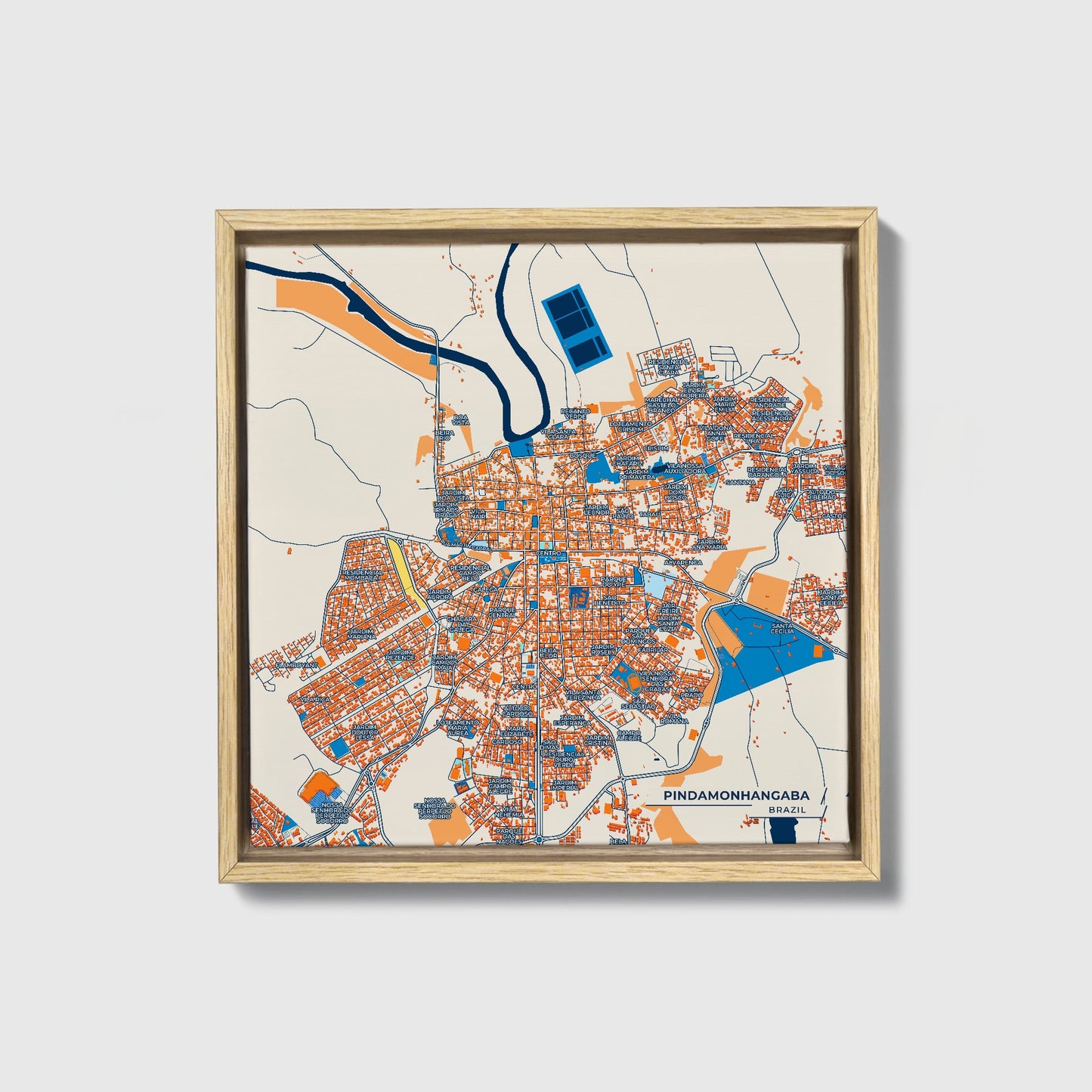 Pindamonhangaba Brazil Colorful City Map Canvas Print • Natural Wooden Framed