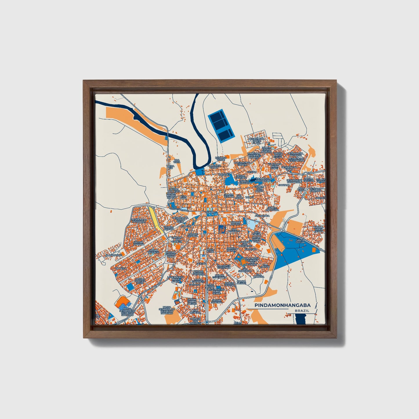 Pindamonhangaba Brazil Colorful City Map Canvas Print • Dark Wooden Framed
