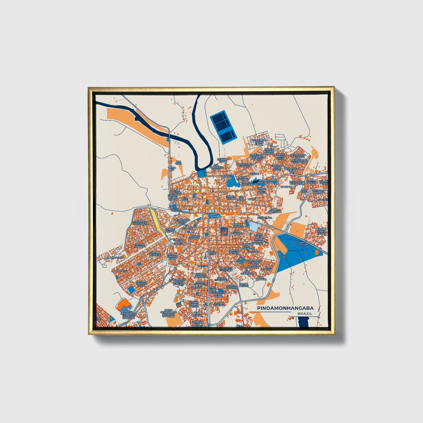 Pindamonhangaba Brazil Colorful City Map Canvas Print • Gold Framed