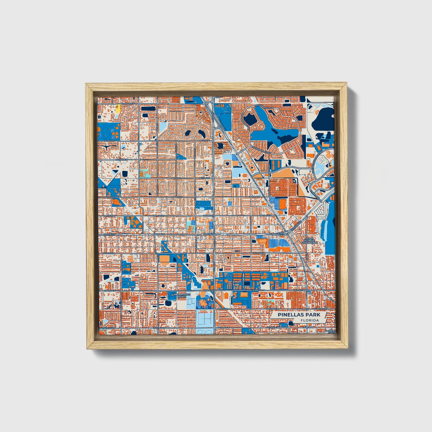 Pinellas Park Florida Colorful City Map Canvas Print • Natural Wooden Framed