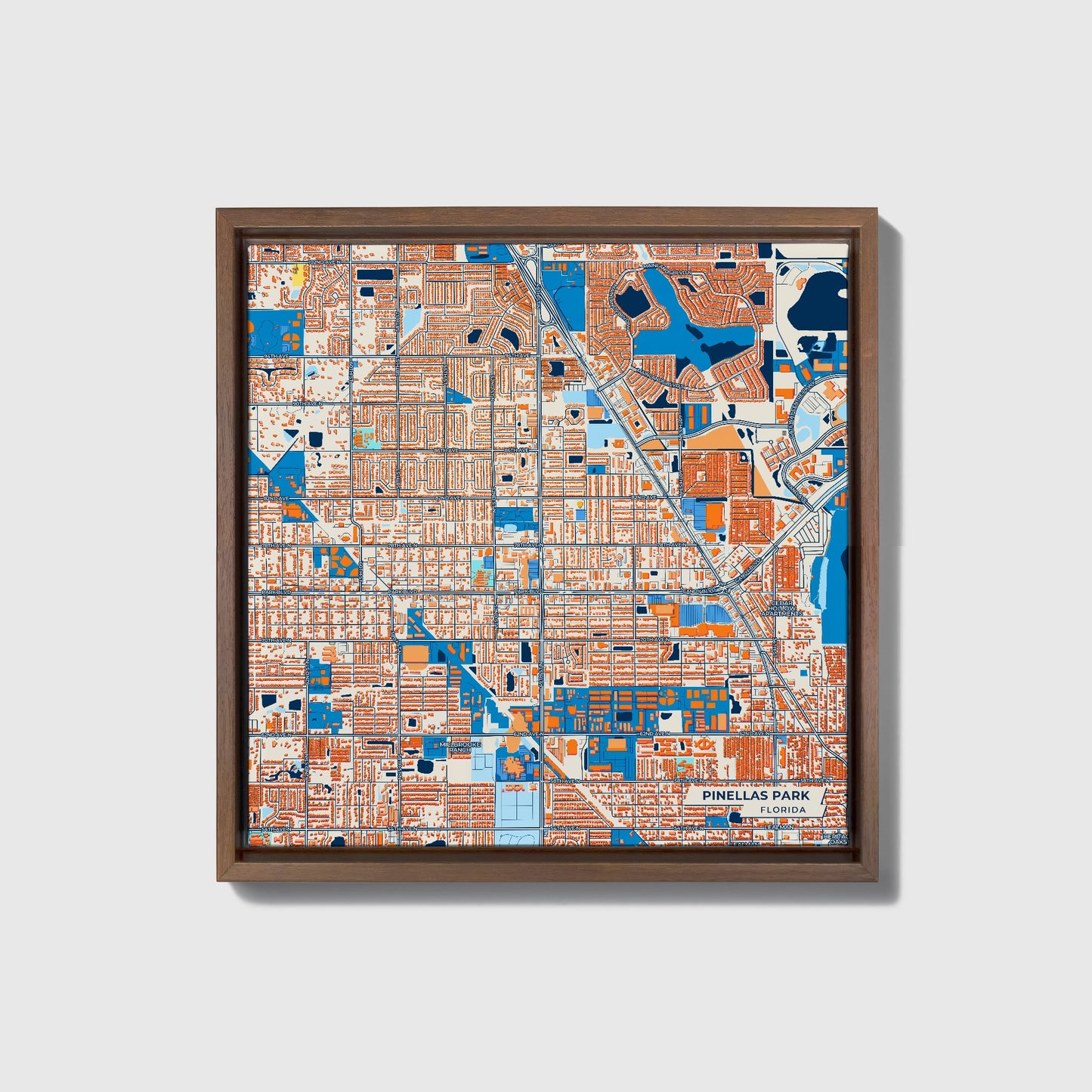 Pinellas Park Florida Colorful City Map Canvas Print • Dark Wooden Framed