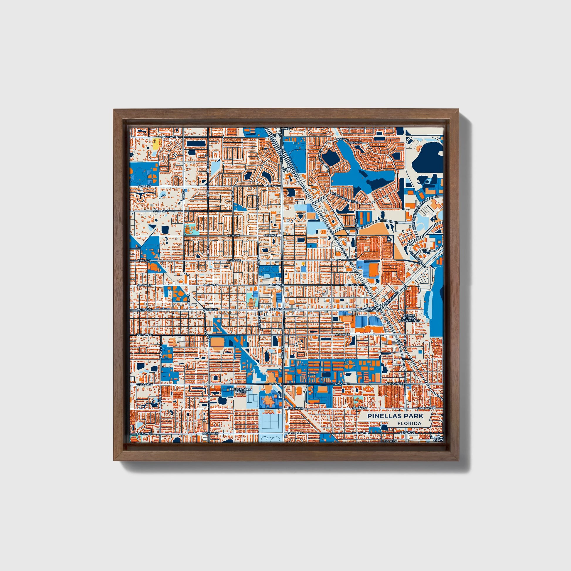 Pinellas Park Florida Colorful City Map Canvas Print • Dark Wooden Framed