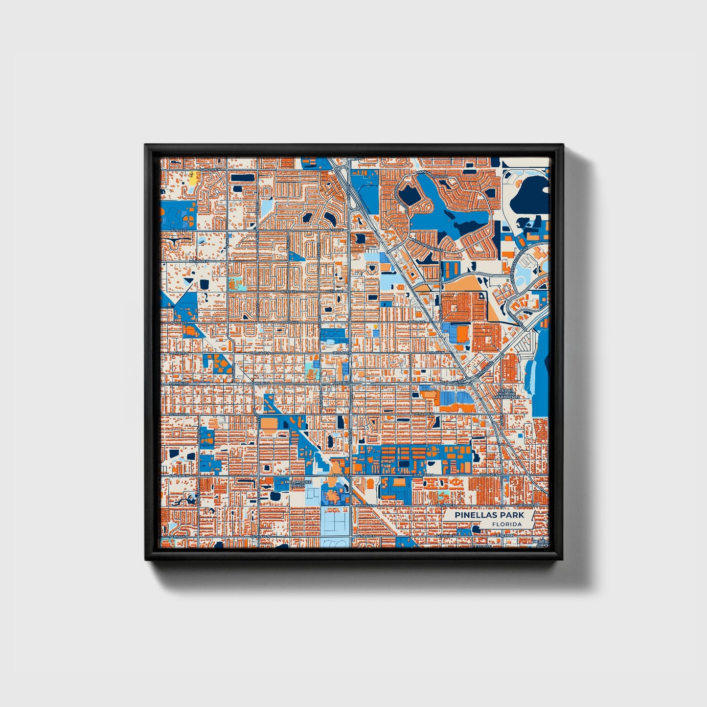 Pinellas Park Florida Colorful City Map Canvas Print • Black Framed