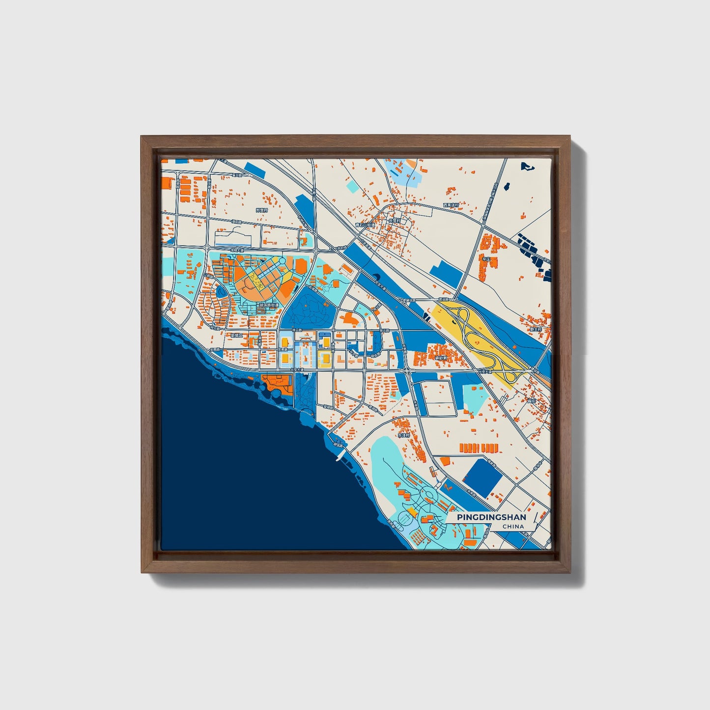 Pingdingshan China Colorful City Map Canvas Print • Dark Wooden Framed