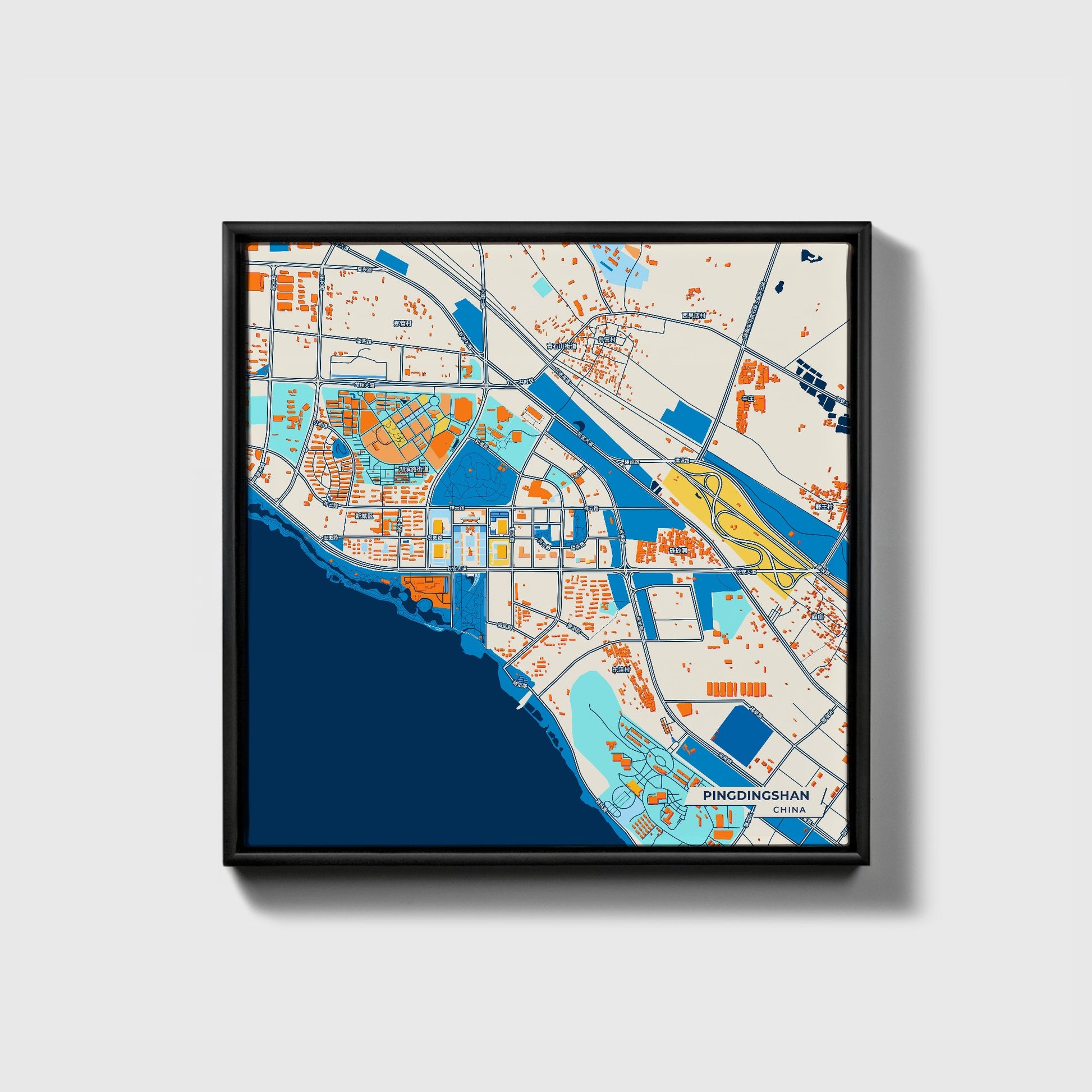 Pingdingshan China Colorful City Map Canvas Print • Black Framed