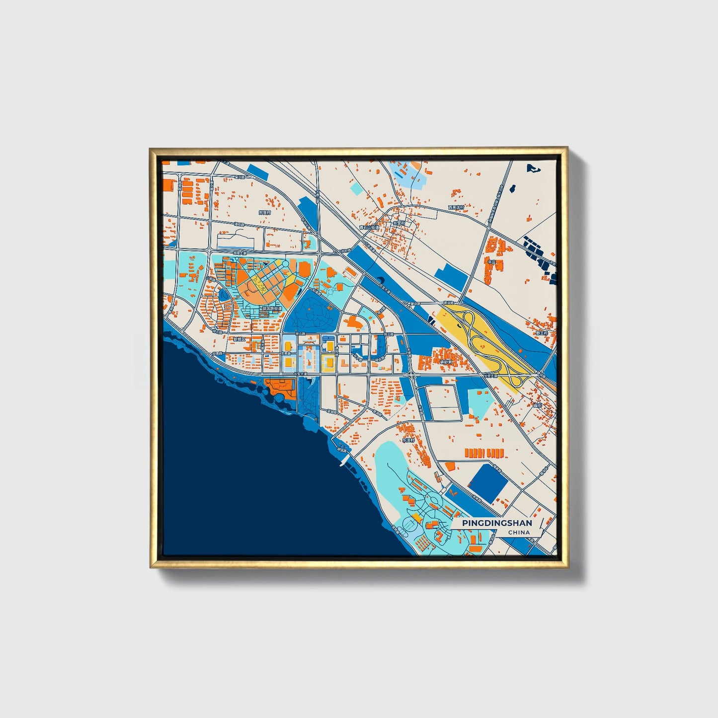 Pingdingshan China Colorful City Map Canvas Print • Gold Framed