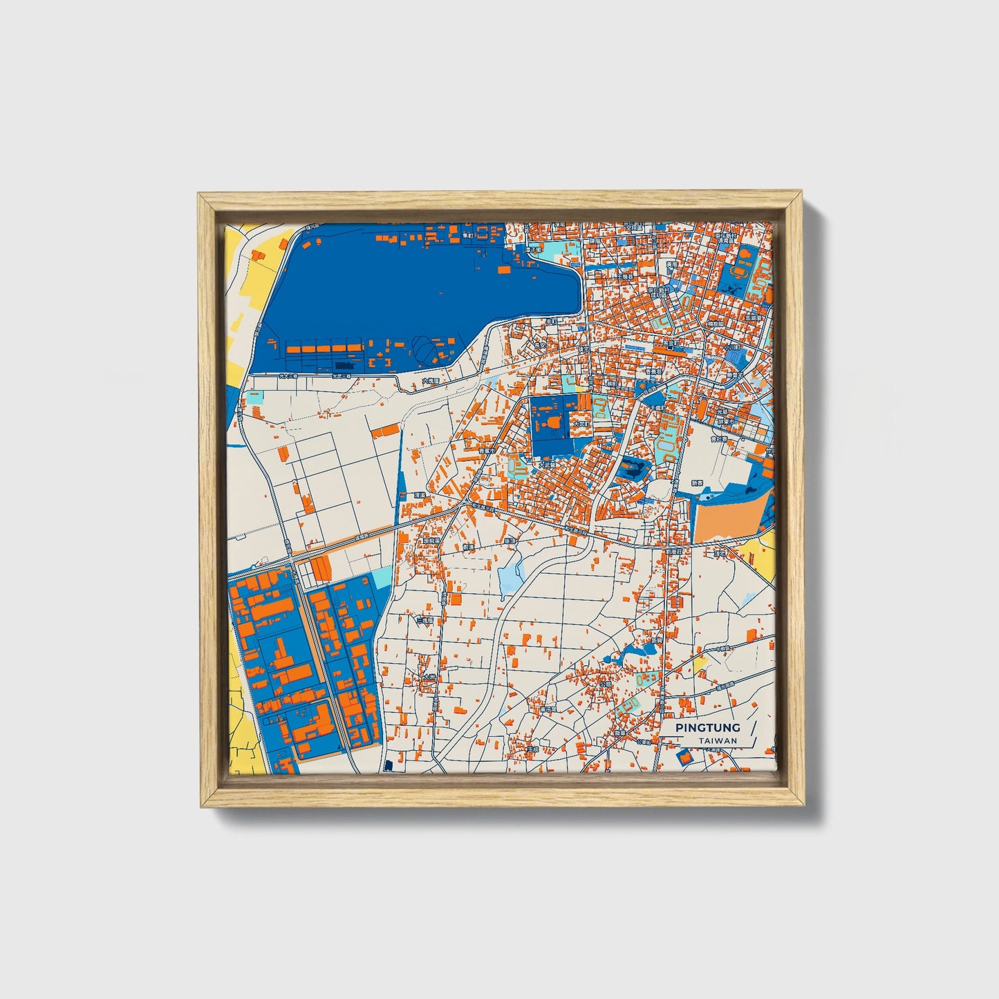 Pingtung Taiwan Colorful City Map Canvas Print • Natural Wooden Framed