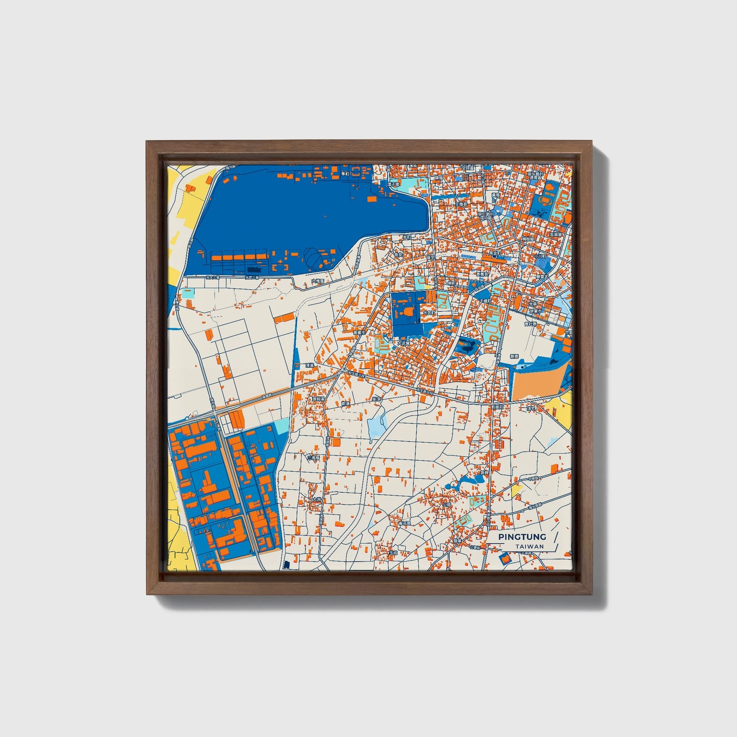 Pingtung Taiwan Colorful City Map Canvas Print • Dark Wooden Framed