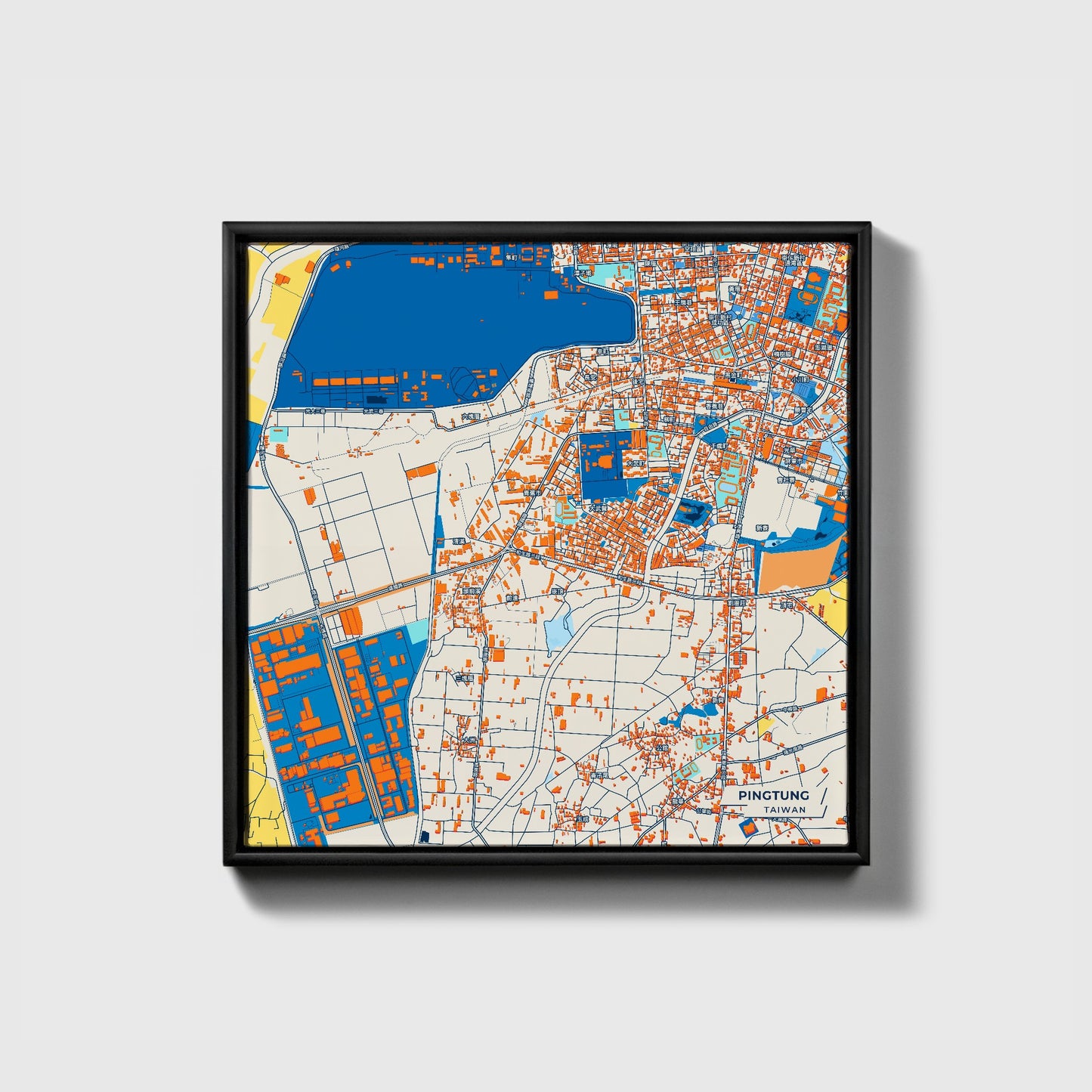 Pingtung Taiwan Colorful City Map Canvas Print • Black Framed