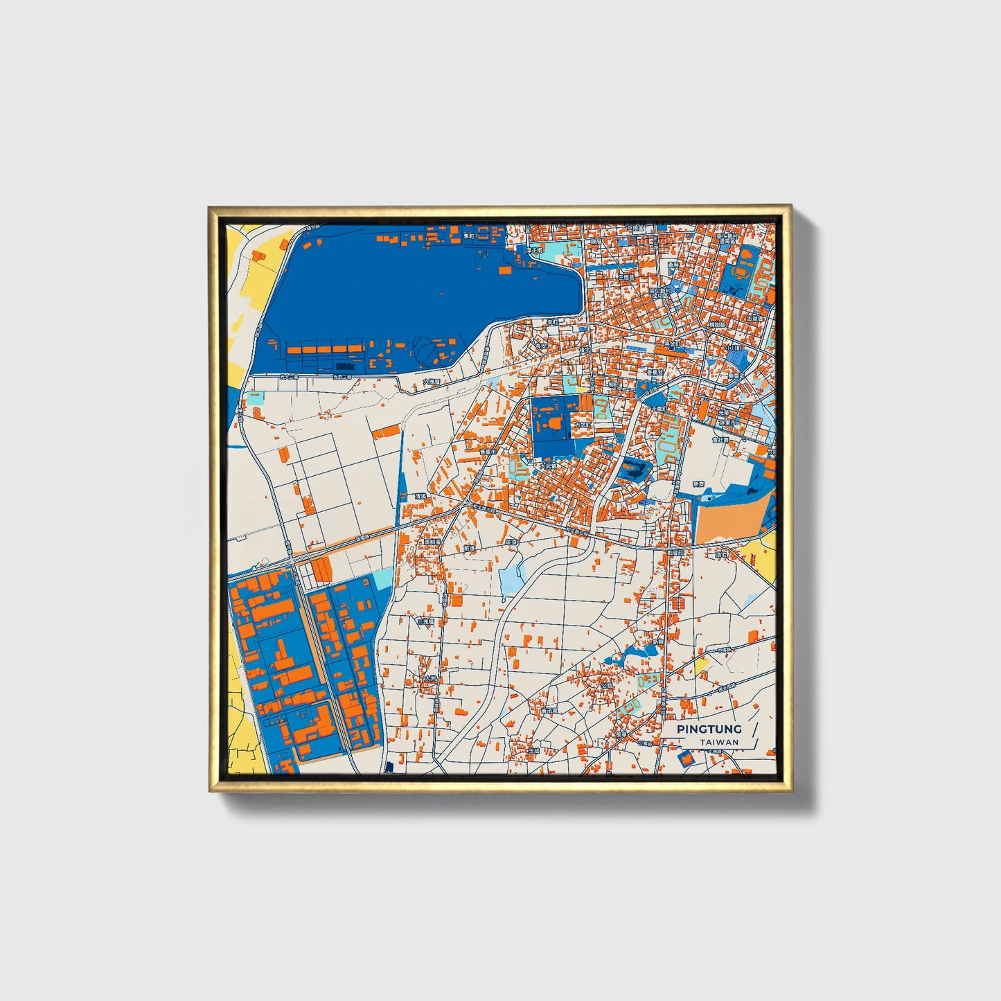 Pingtung Taiwan Colorful City Map Canvas Print • Gold Framed