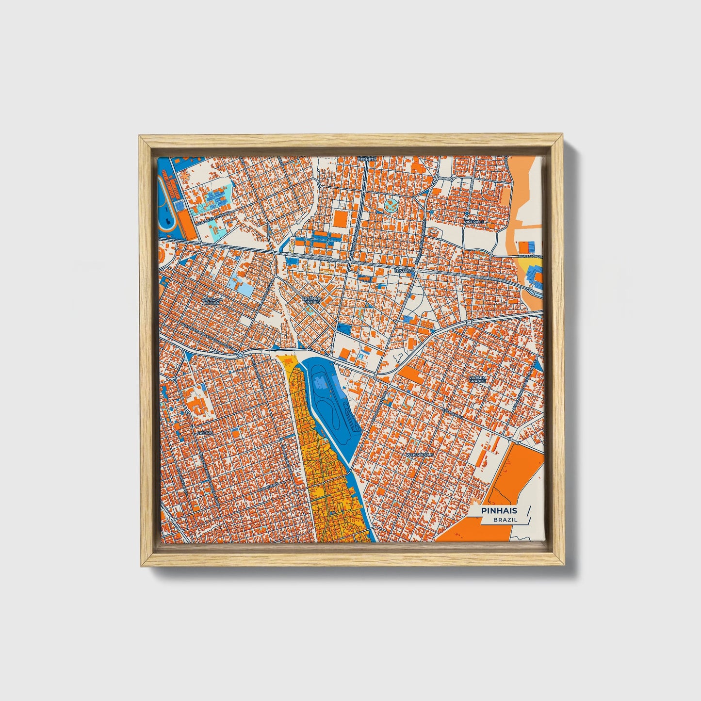 Pinhais Brazil Colorful City Map Canvas Print • Natural Wooden Framed