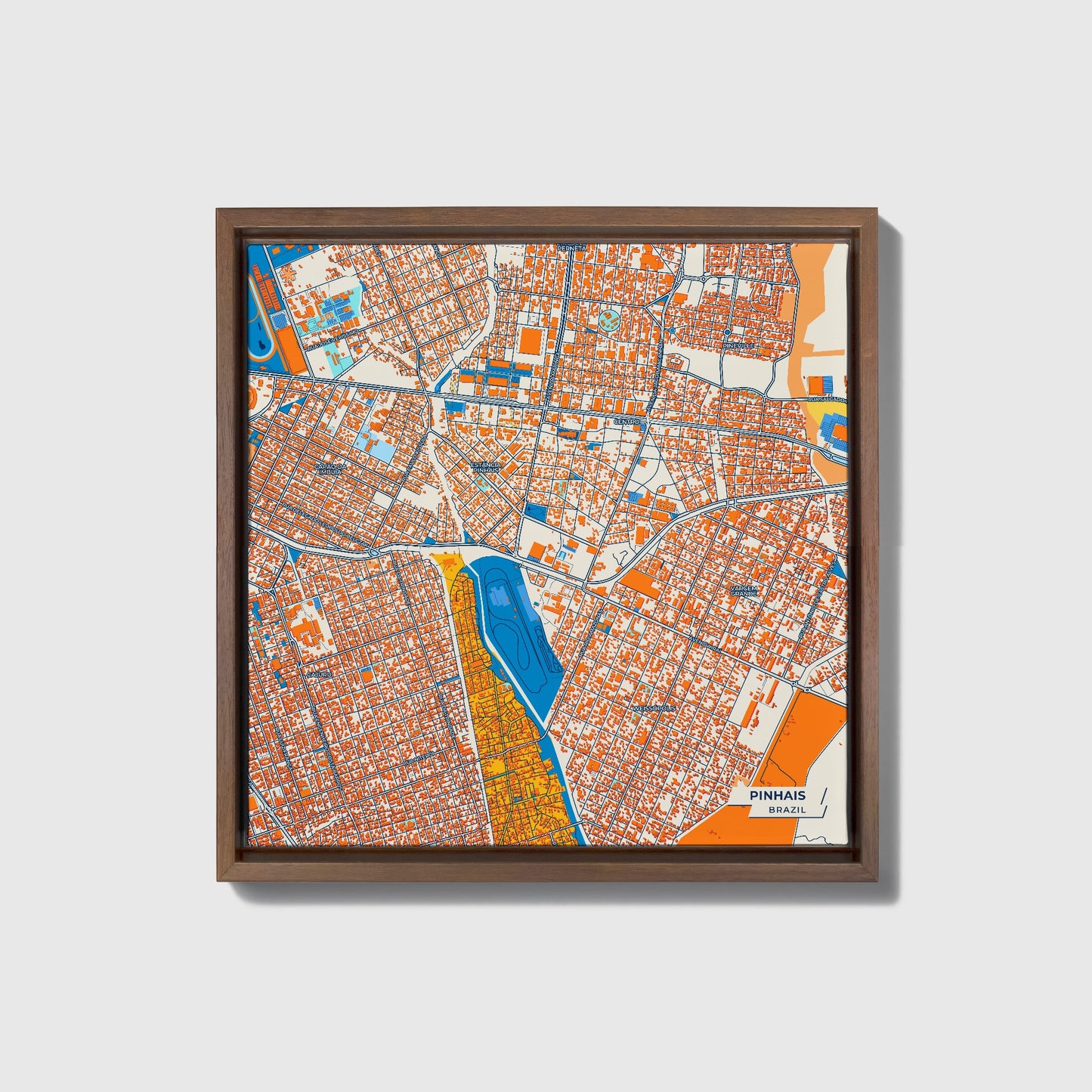 Pinhais Brazil Colorful City Map Canvas Print • Dark Wooden Framed
