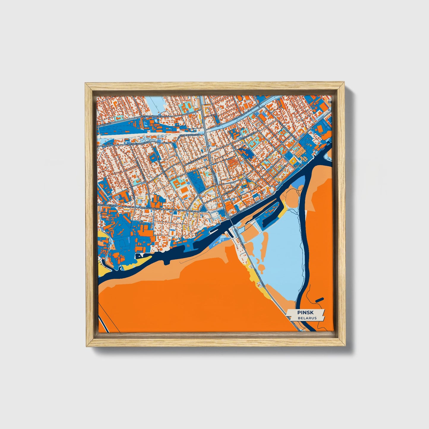 Пінск Belarus Colorful City Map Canvas Print • Natural Wooden Framed
