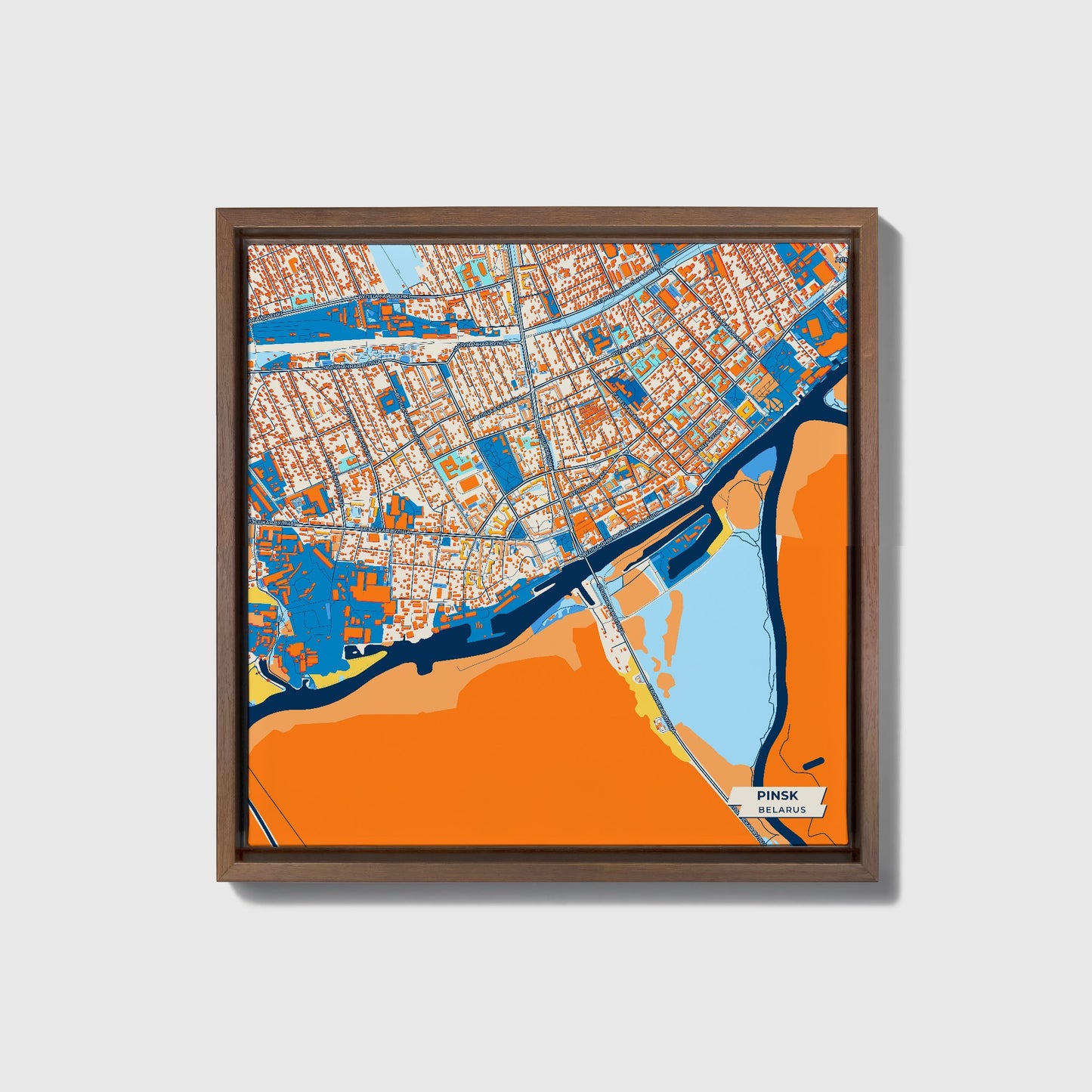 Пінск Belarus Colorful City Map Canvas Print • Dark Wooden Framed