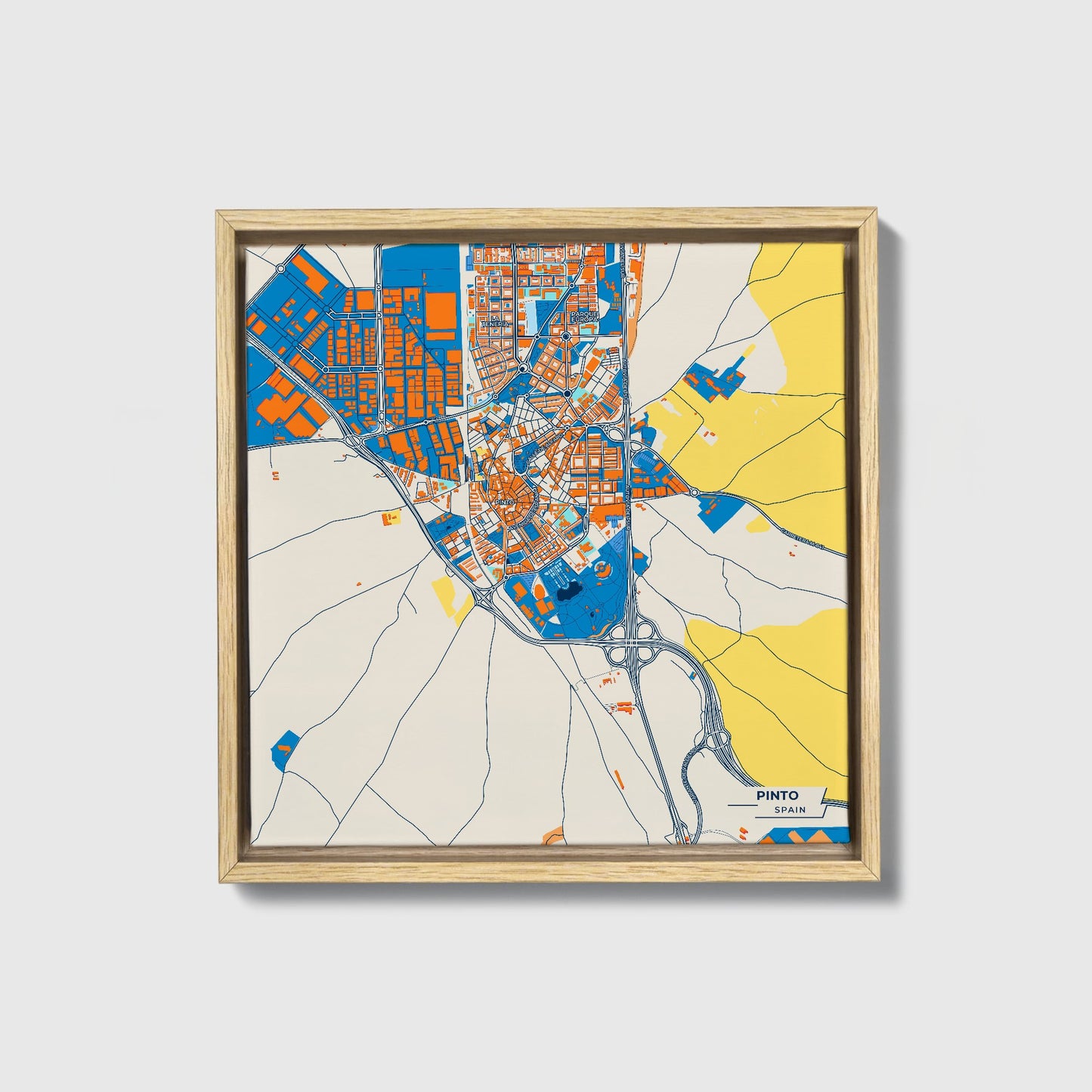 Pinto Spain Colorful City Map Canvas Print • Natural Wooden Framed