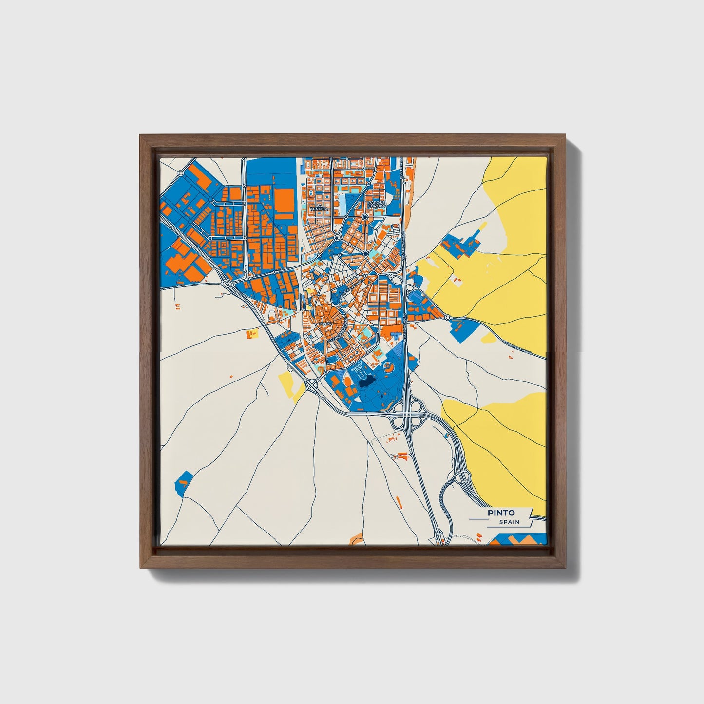 Pinto Spain Colorful City Map Canvas Print • Dark Wooden Framed