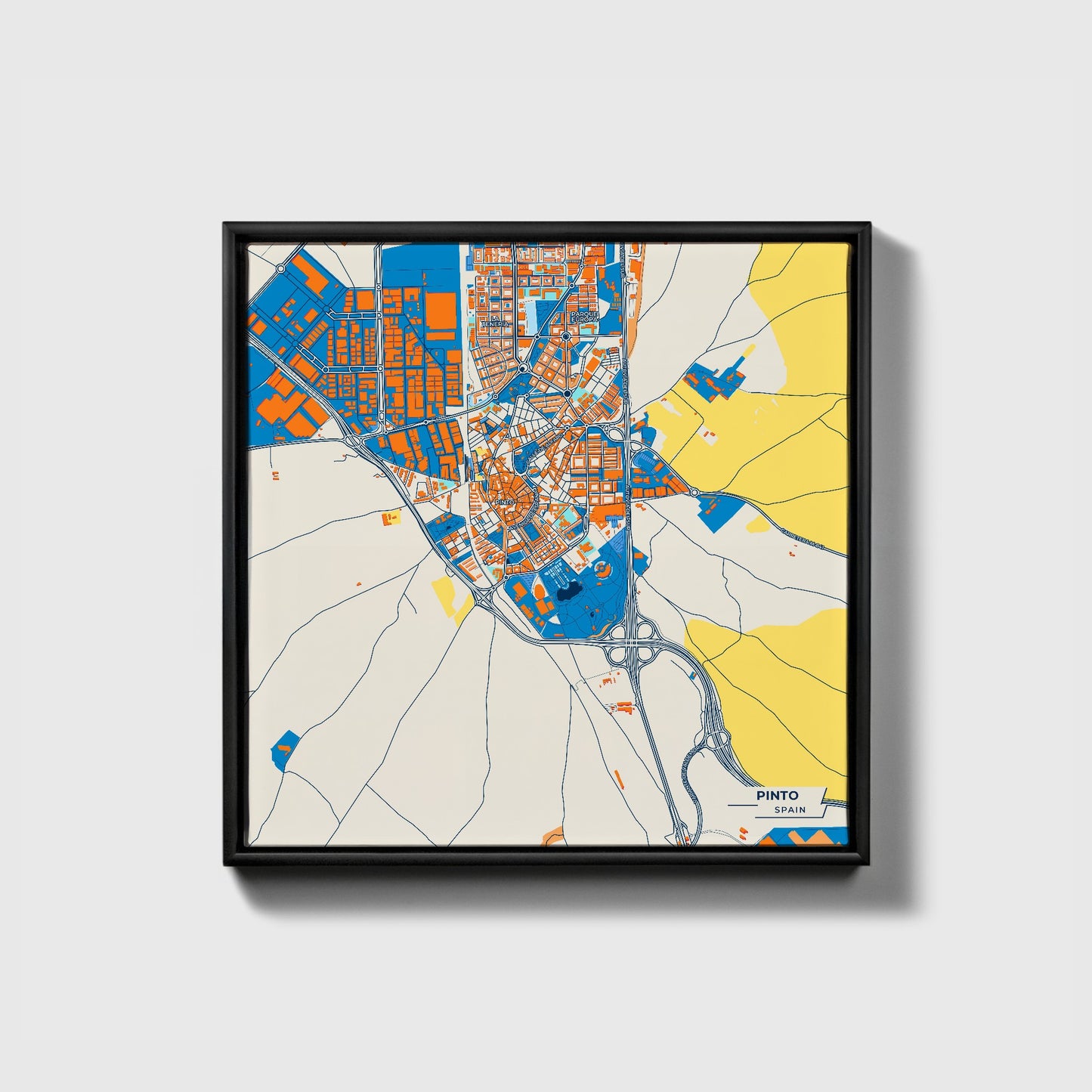 Pinto Spain Colorful City Map Canvas Print • Black Framed