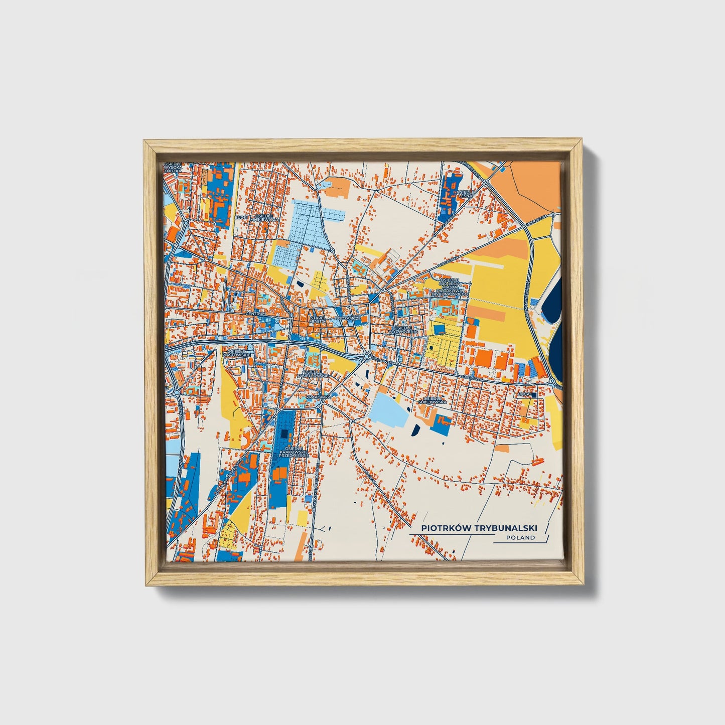 Piotrków Trybunalski Poland Colorful City Map Canvas Print • Natural Wooden Framed