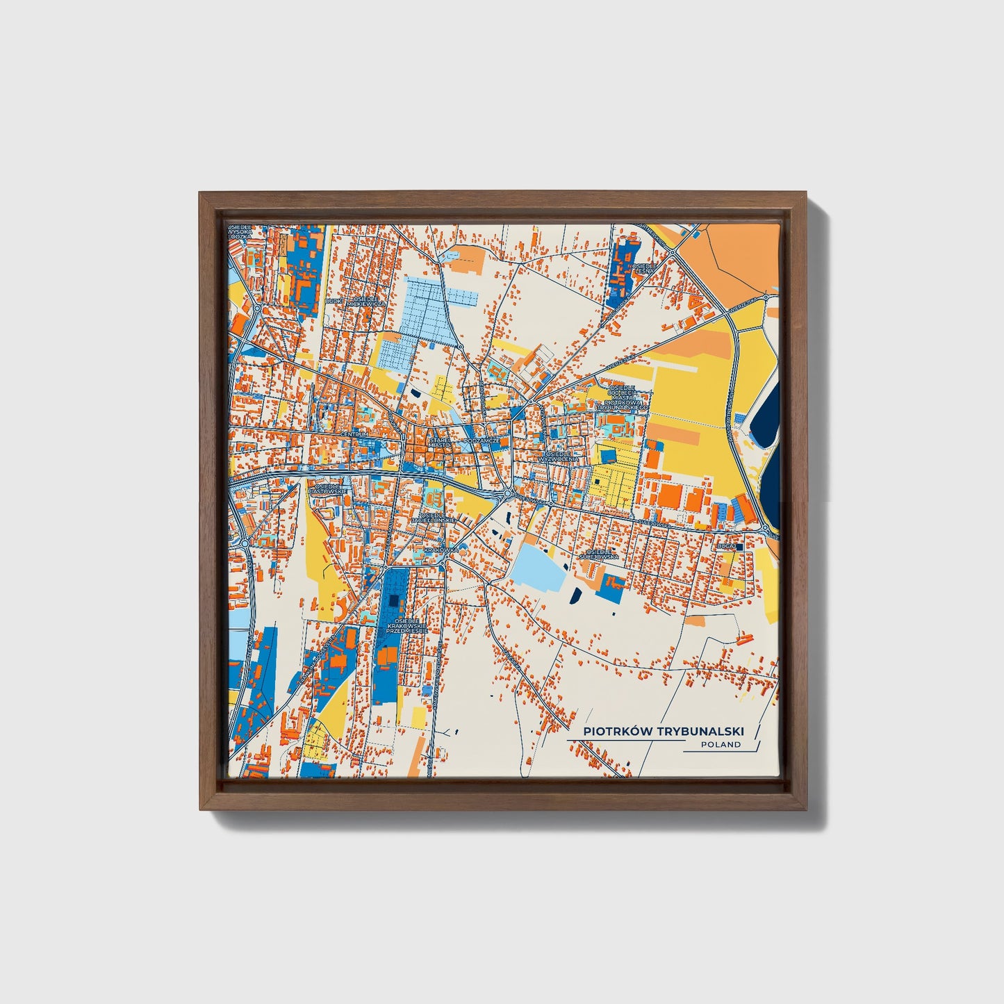 Piotrków Trybunalski Poland Colorful City Map Canvas Print • Dark Wooden Framed