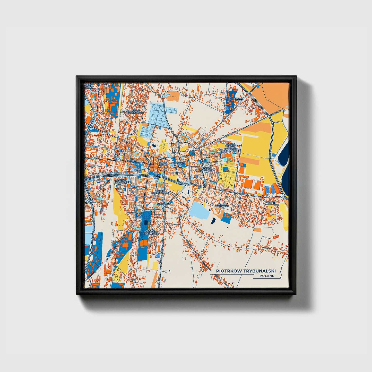 Piotrków Trybunalski Poland Colorful City Map Canvas Print • Black Framed