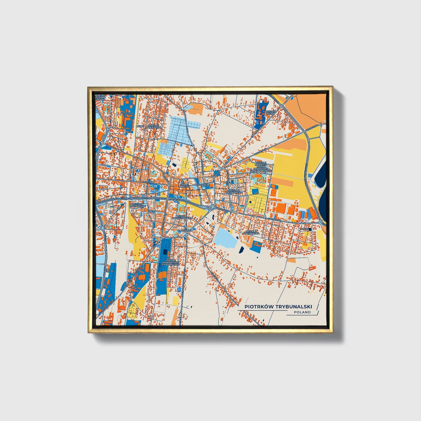Piotrków Trybunalski Poland Colorful City Map Canvas Print • Gold Framed