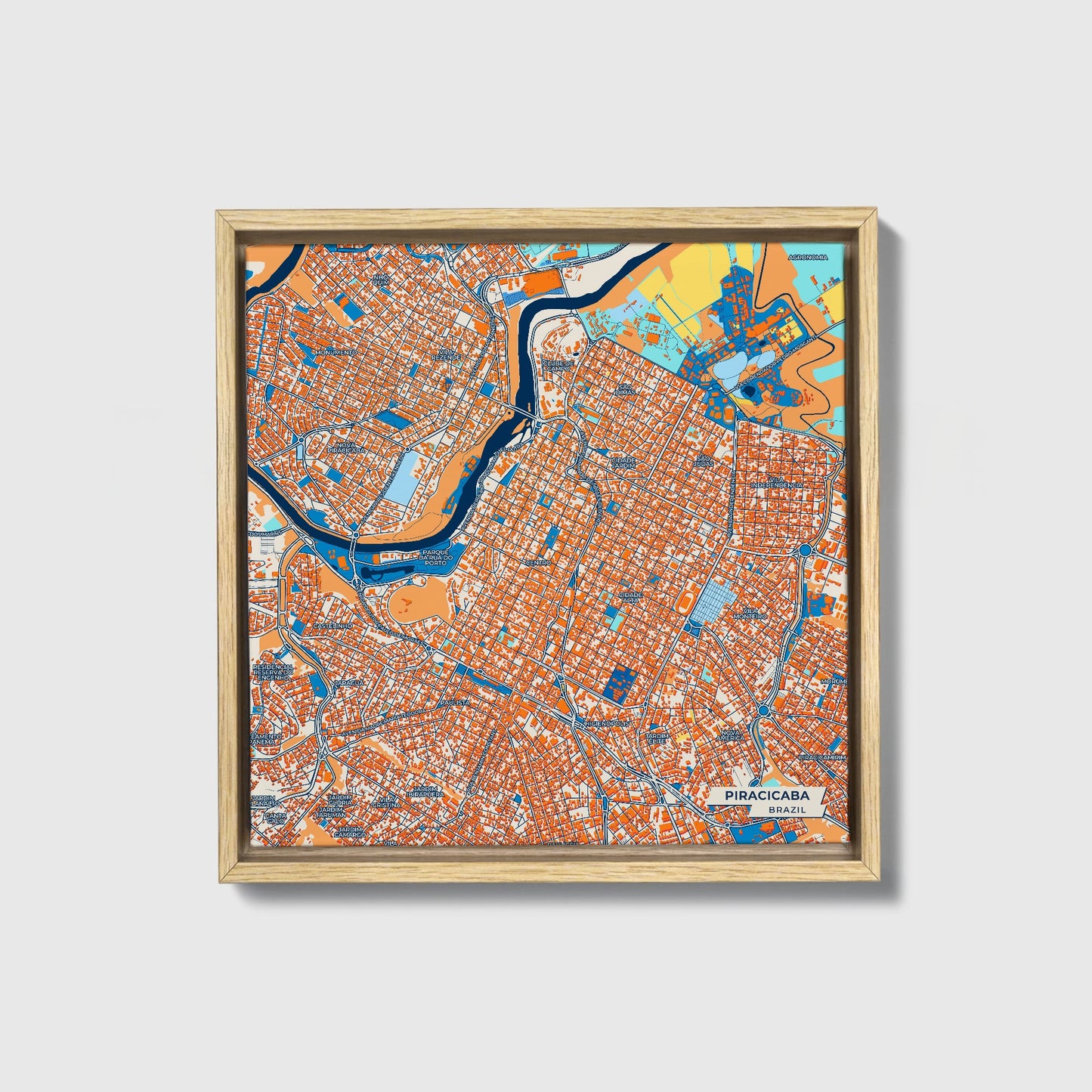Piracicaba Brazil Colorful City Map Canvas Print • Natural Wooden Framed