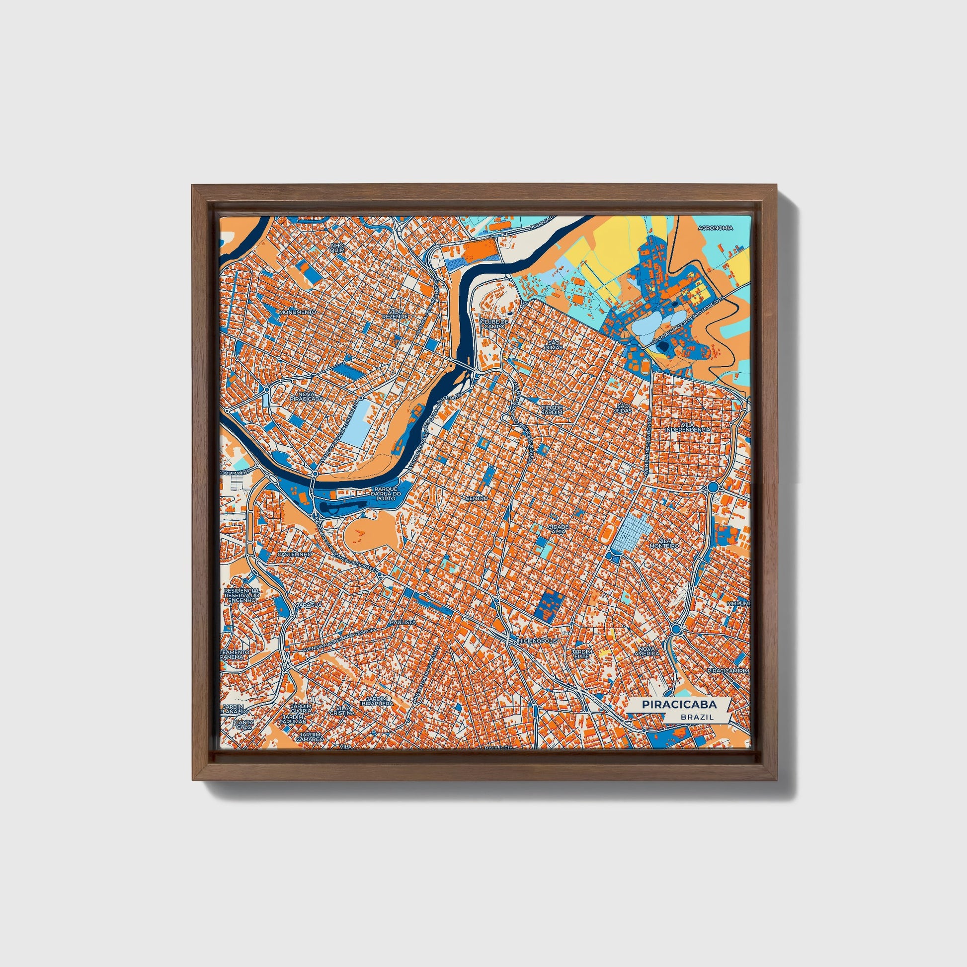 Piracicaba Brazil Colorful City Map Canvas Print • Dark Wooden Framed