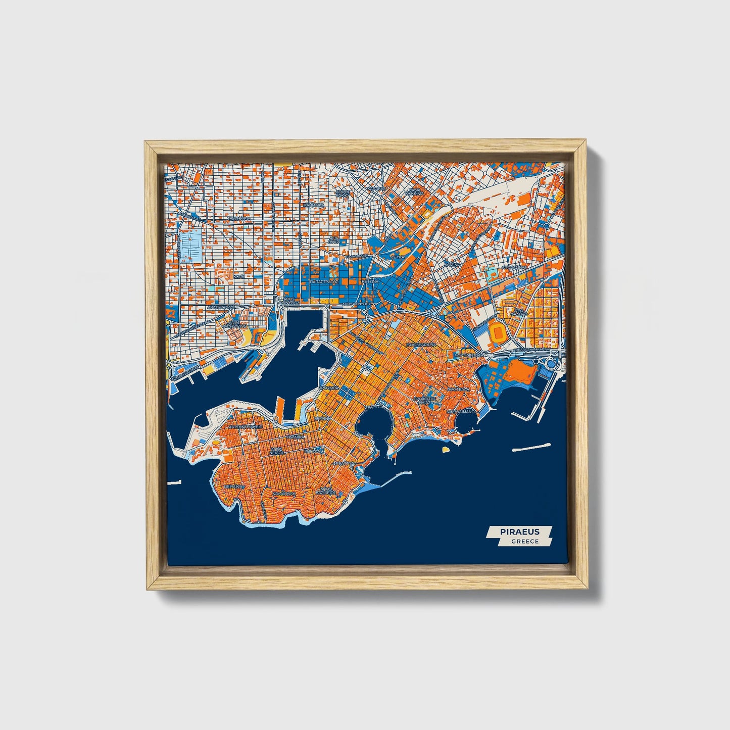 Πειραιως Greece Colorful City Map Canvas Print • Natural Wooden Framed