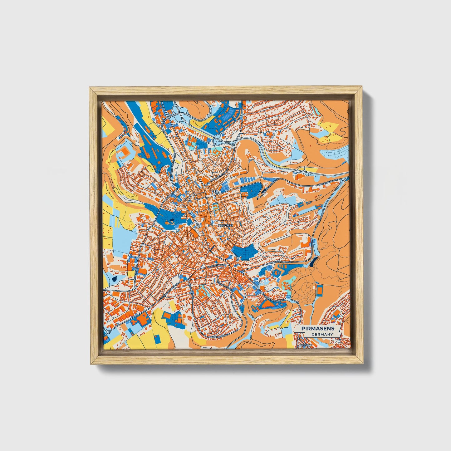 Pirmasens Germany Colorful City Map Canvas Print • Natural Wooden Framed