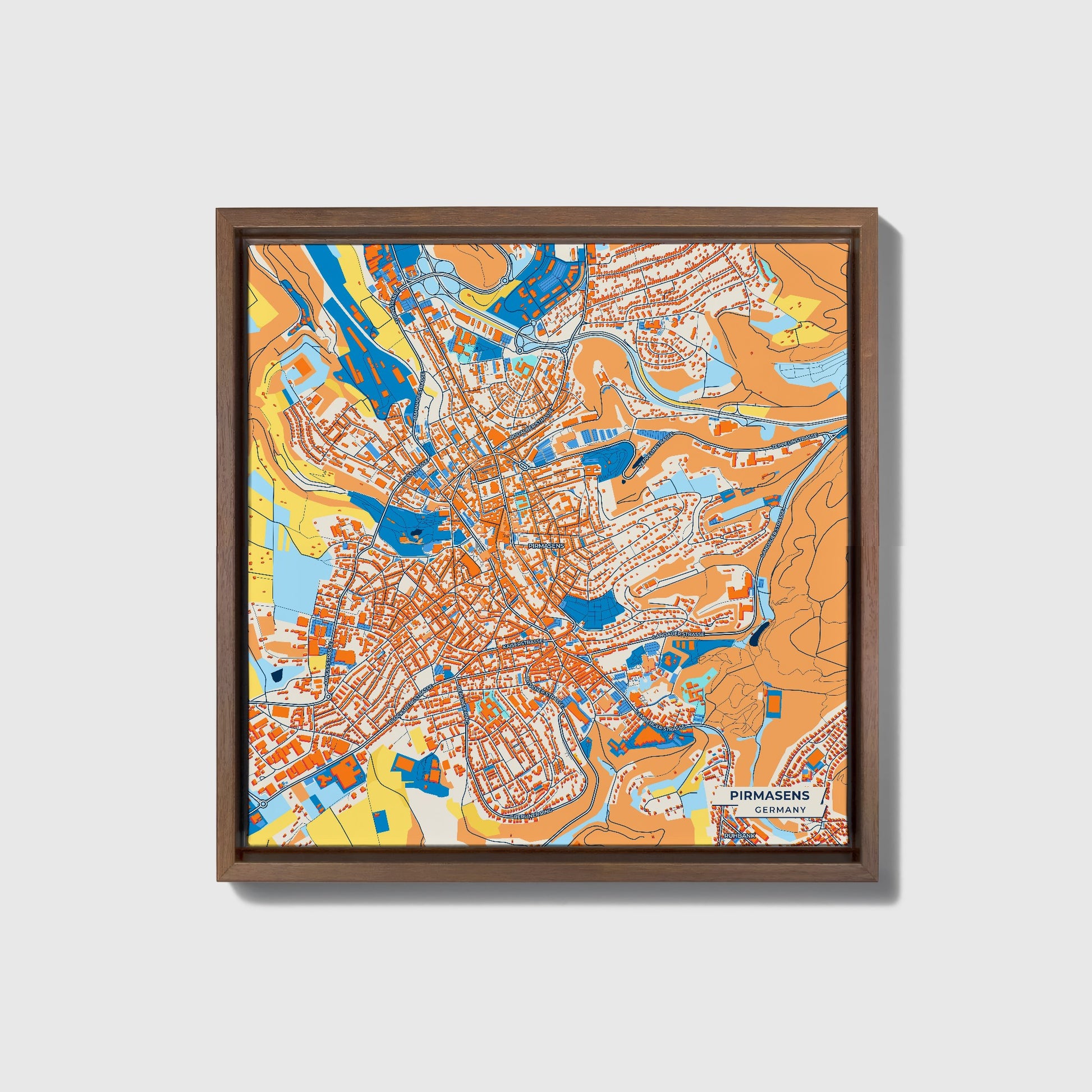 Pirmasens Germany Colorful City Map Canvas Print • Dark Wooden Framed