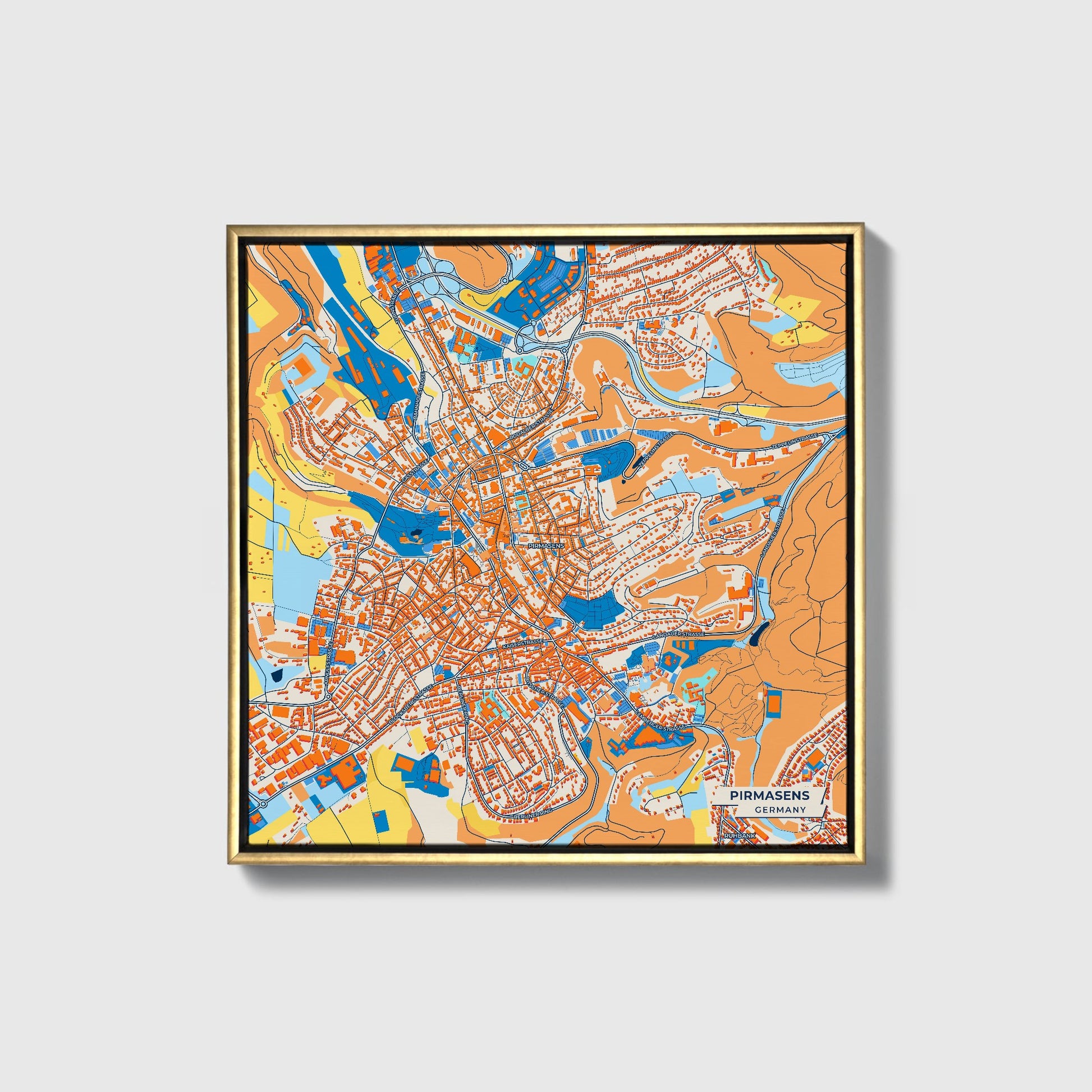 Pirmasens Germany Colorful City Map Canvas Print • Gold Framed