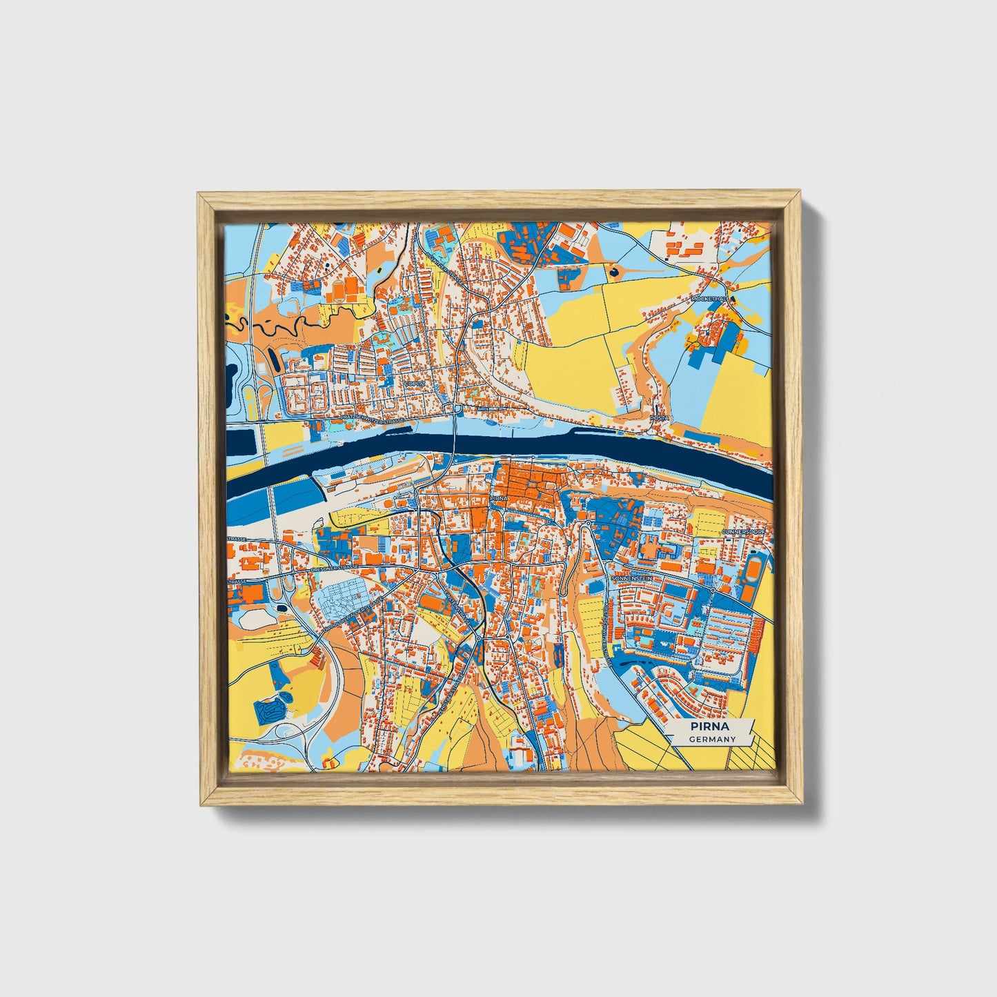 Pirna Germany Colorful City Map Canvas Print • Natural Wooden Framed