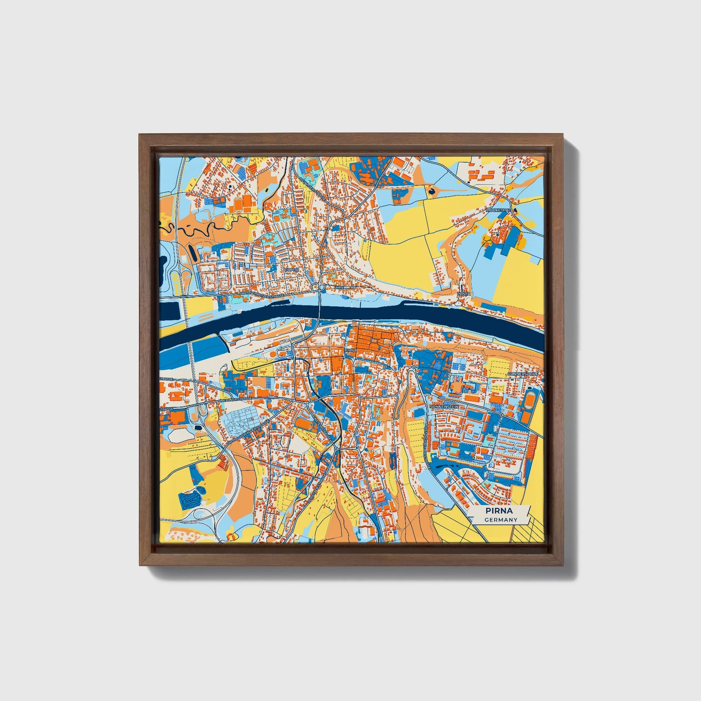 Pirna Germany Colorful City Map Canvas Print • Dark Wooden Framed